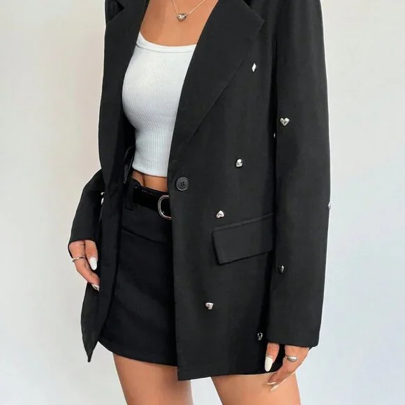 Black Elegant Women's Heart Decor Single Button Casual Long Sleeve Blazer - Picture 4 of 7